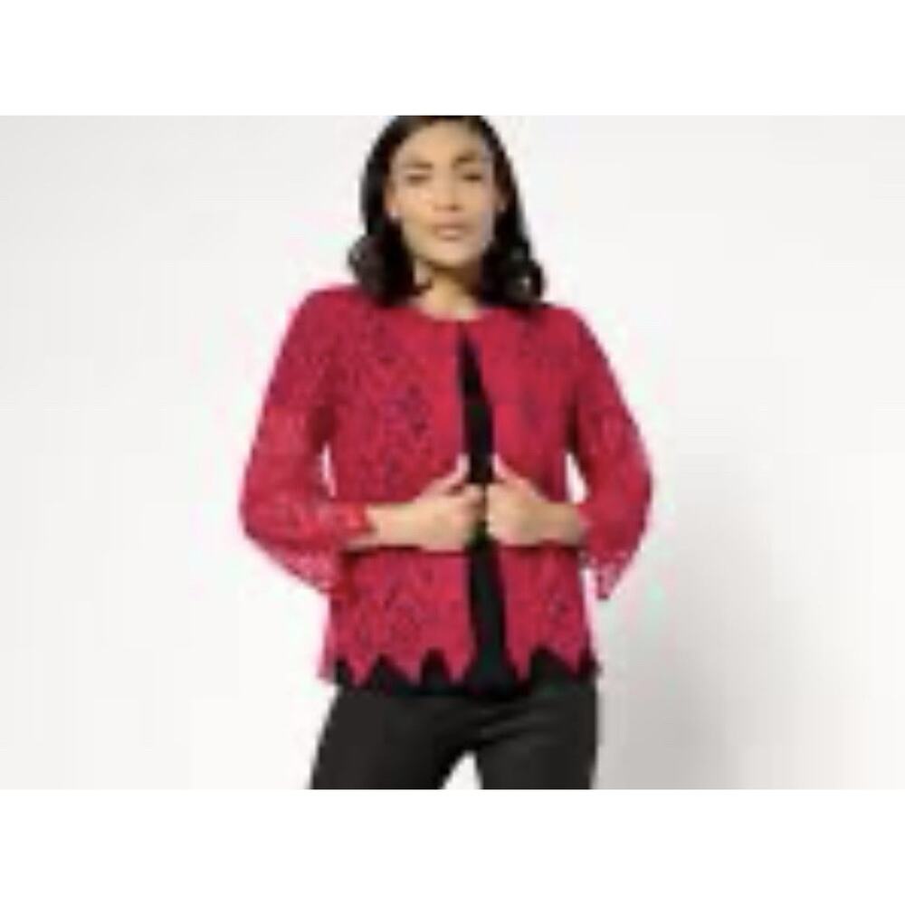 Susan Graver Occasion Hot Pink Scalloped Edge Lace 3/4 Sleeves Shrug Size Large